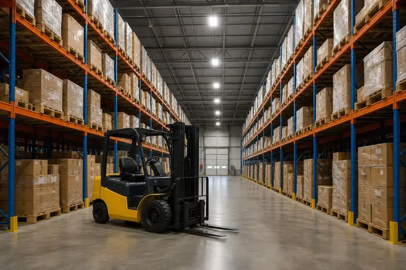 Endüstriyel depoda forklift ve LED aydınlatma