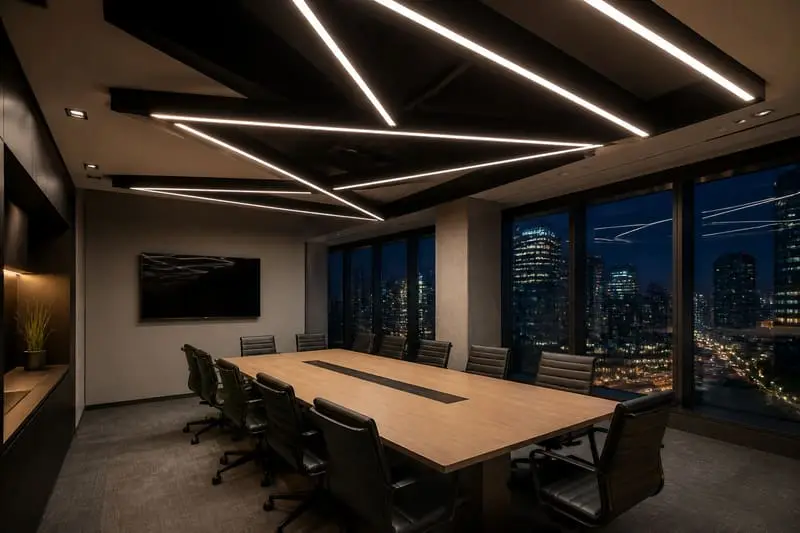 Lineer LED aydınlatmalı modern toplantı odası